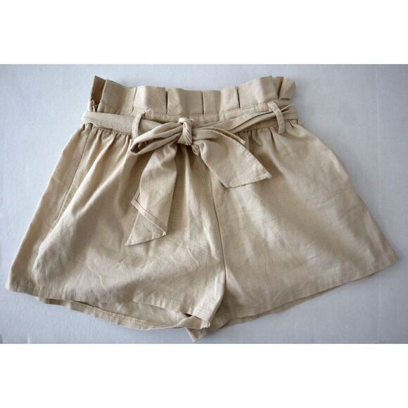 PrettyLittleThing Women's Sz 0 Beige High Waist Linen Blend Paperbag Shorts - Picture 1 of 6